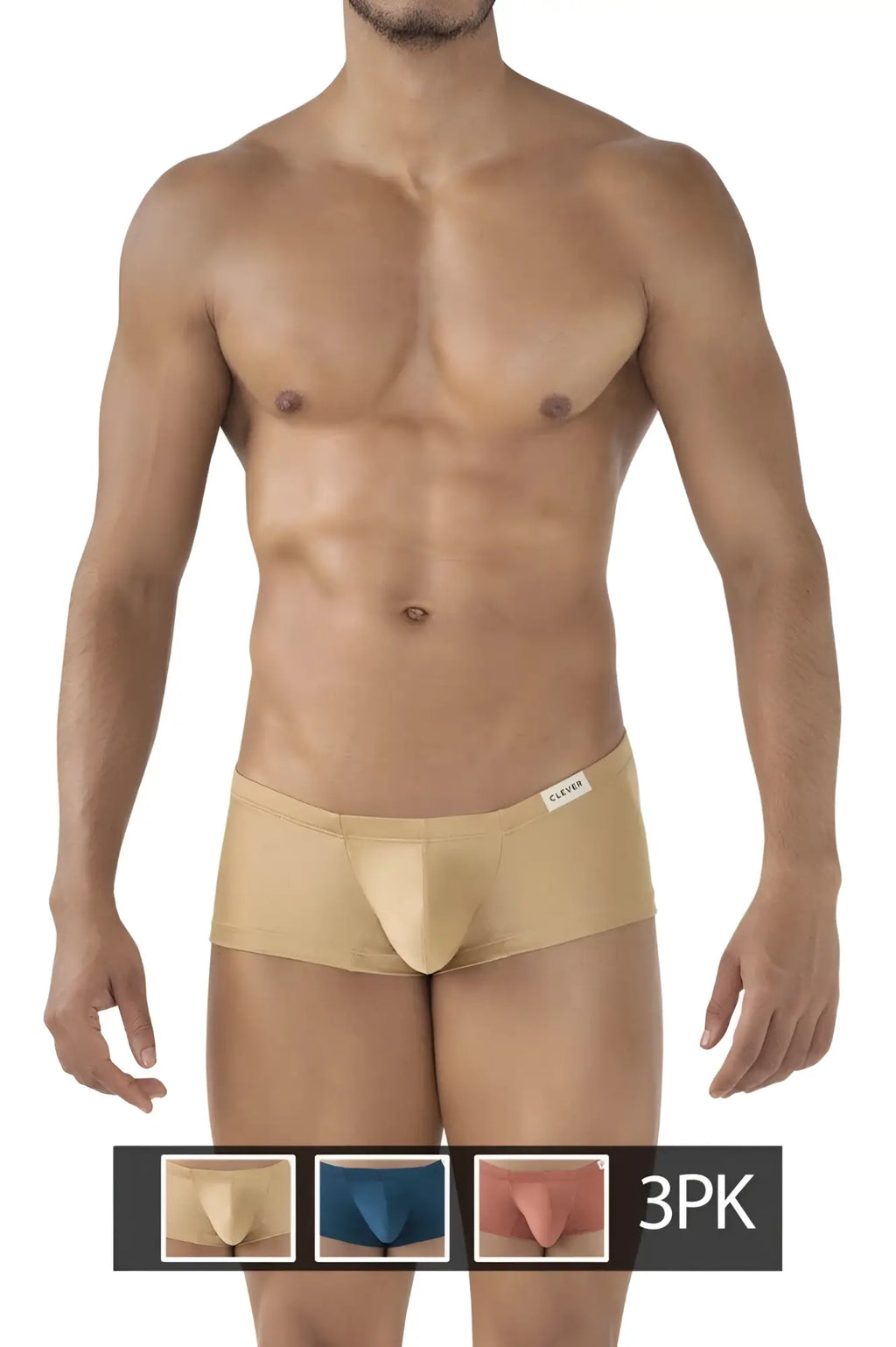 Beige clever 229941 mens briefs with smooth form-fitting design and subtle brand tag on waistband in blue-ochre-gold pack