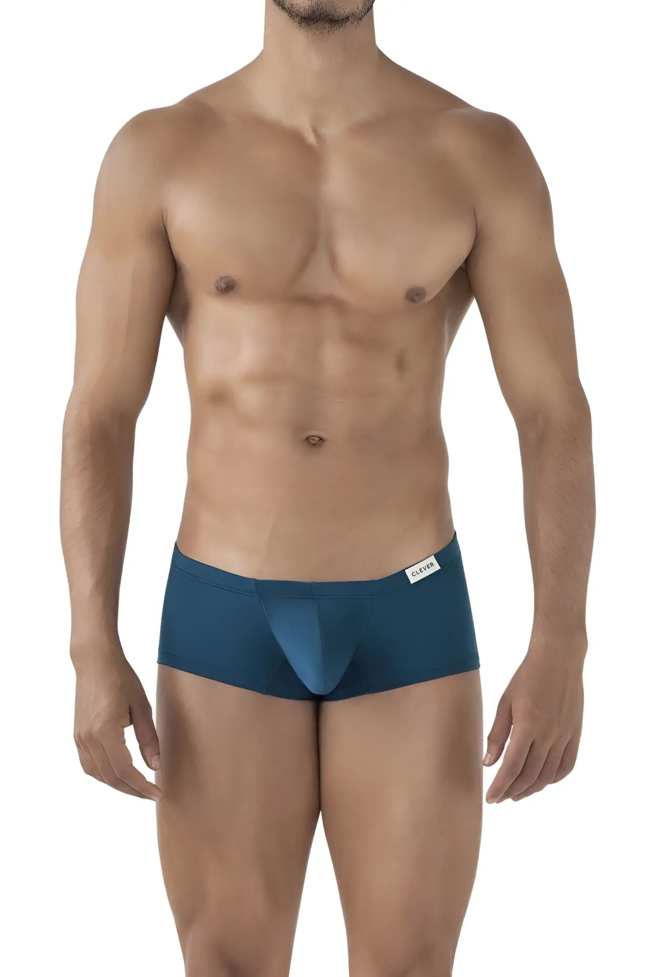 Men’s teal-colored clever 229941 3pk australian latin trunks with sleek form-fitting design and white brand tag on waistband