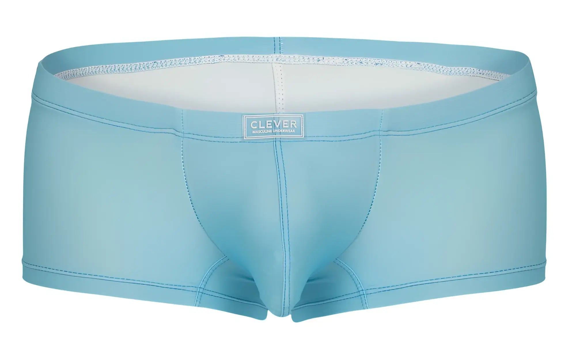 Light blue form-fitting boxer briefs with white inner lining and clever brand label on the waistband in multicolored pack