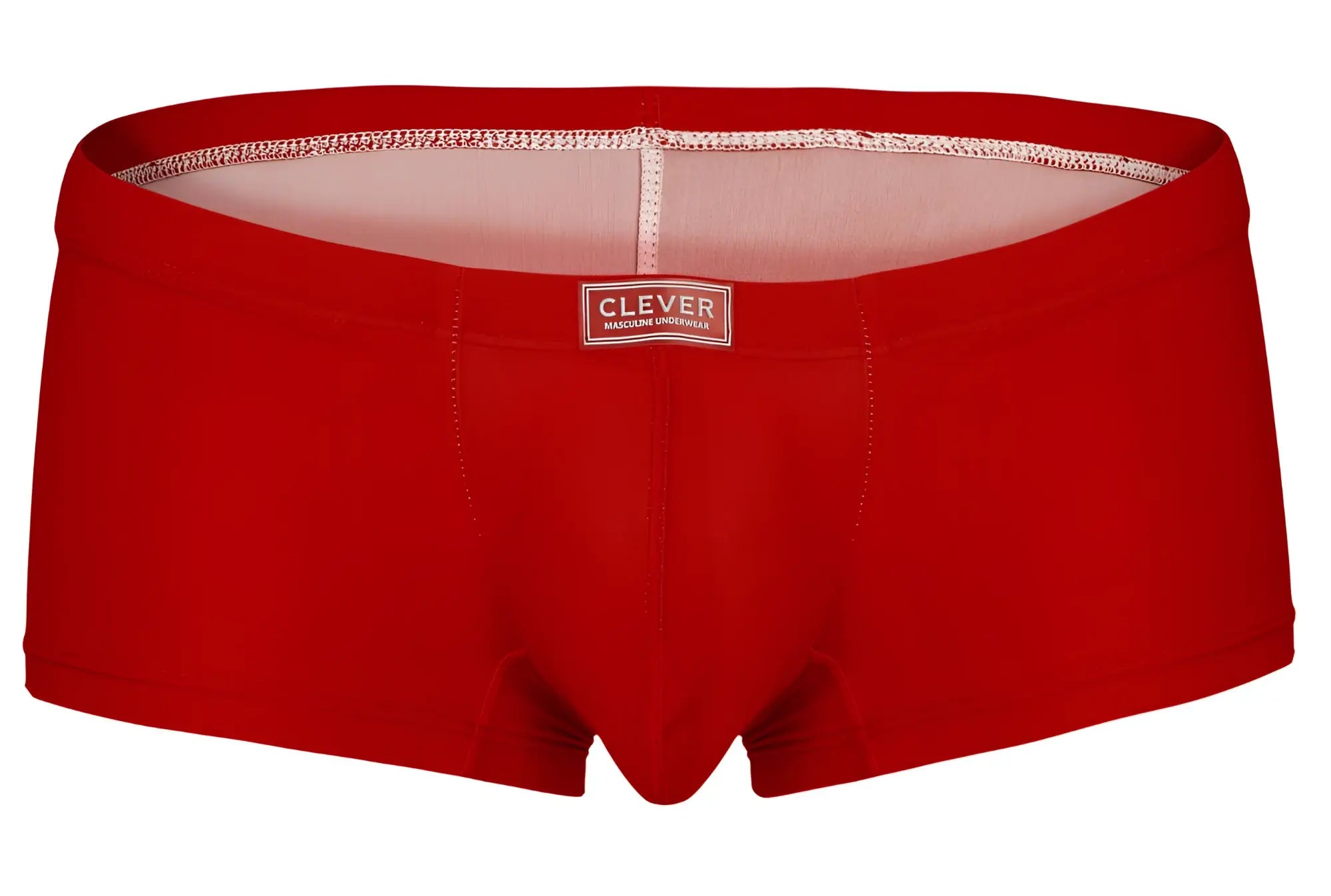 Red men’s briefs with clever brand label on waistband part of clever 229946 7pk multi-colored trunks collection