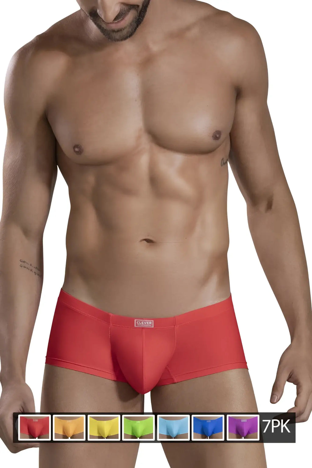 Red men’s briefs with a sleek form-fitting design and small sleeper brand label on waistband from clever 229946 7PK trunks multi-colored