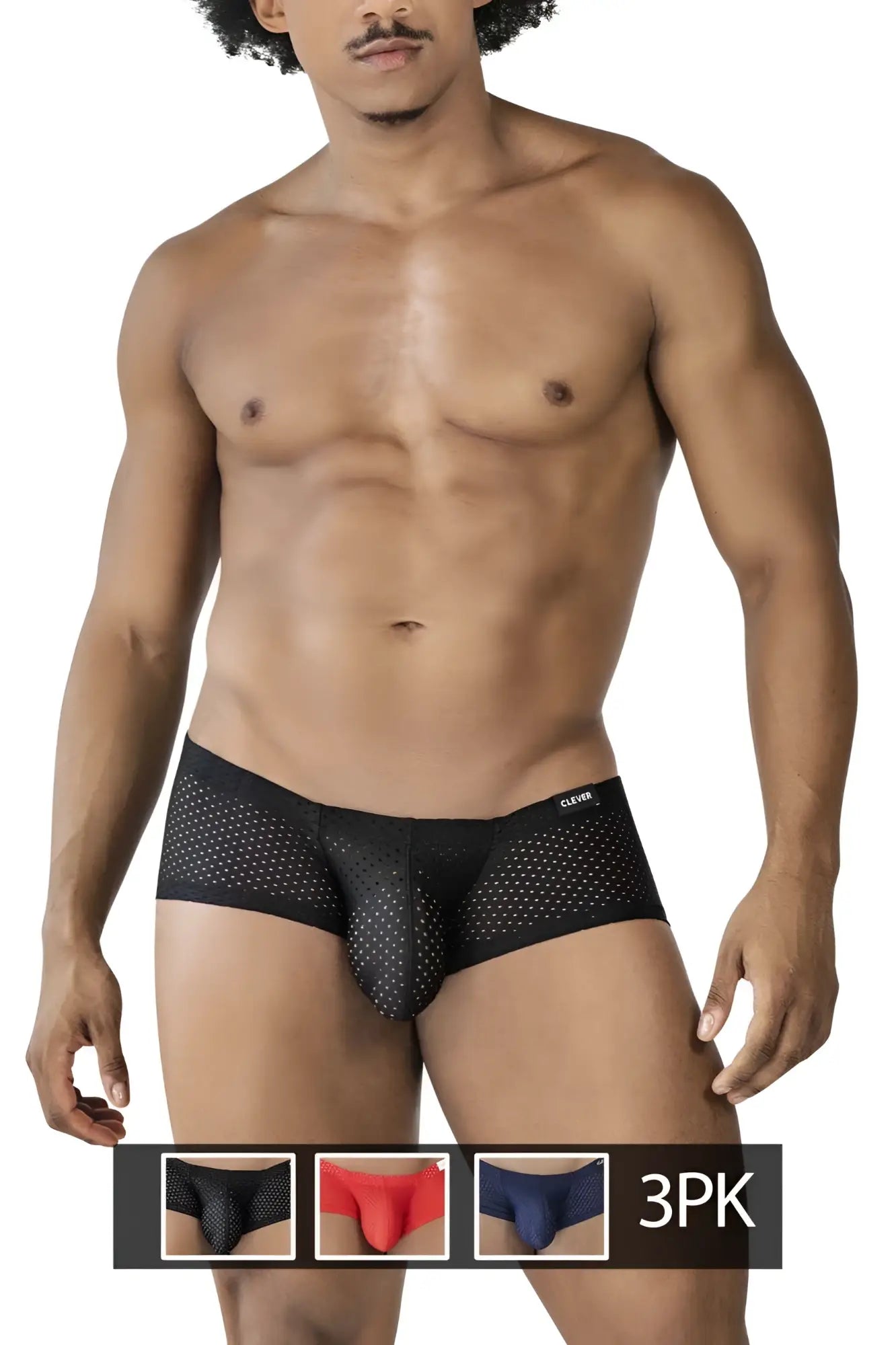 Black cleve mesh briefs with perforated design and logo waistband from clever 229947 3pk australian latin trunks