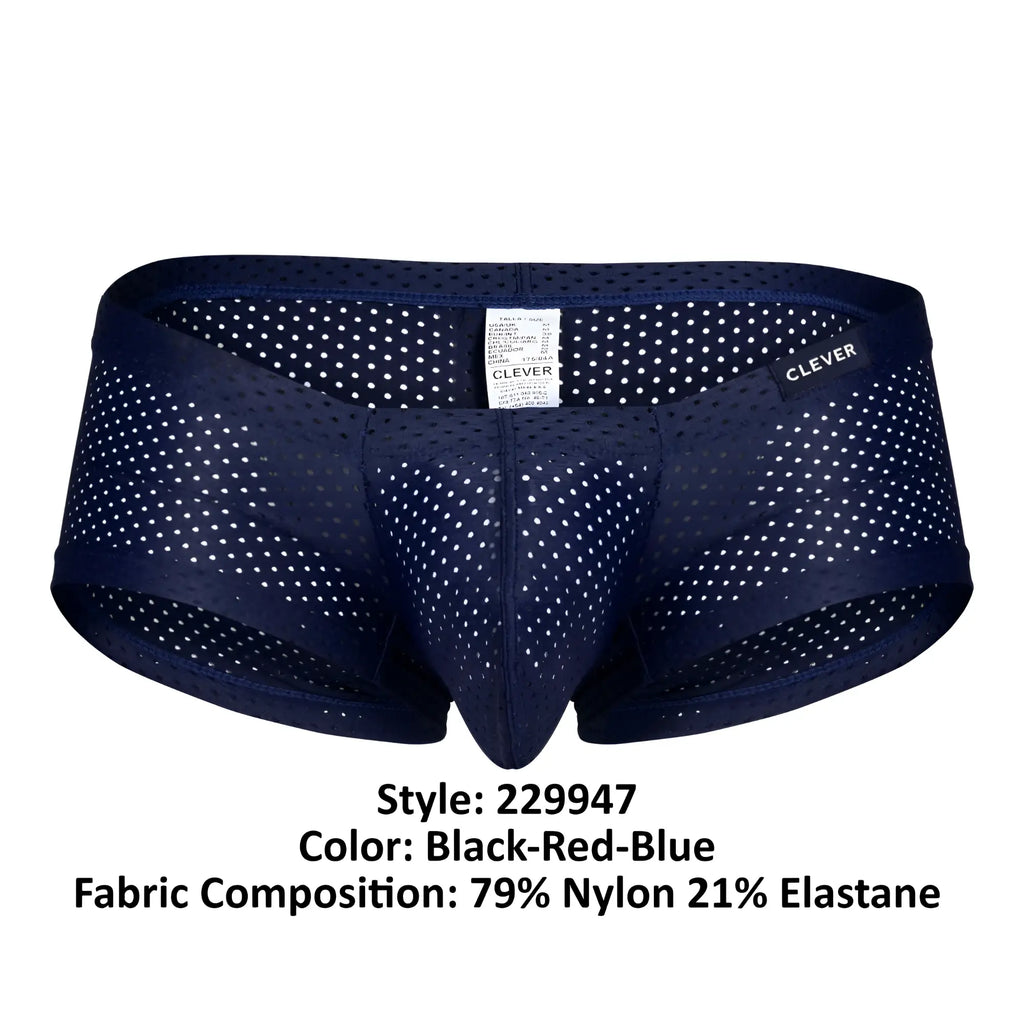 Navy blue mesh briefs with white polka dots and clever brand label from clever 229947 australian latin trunks 3pk