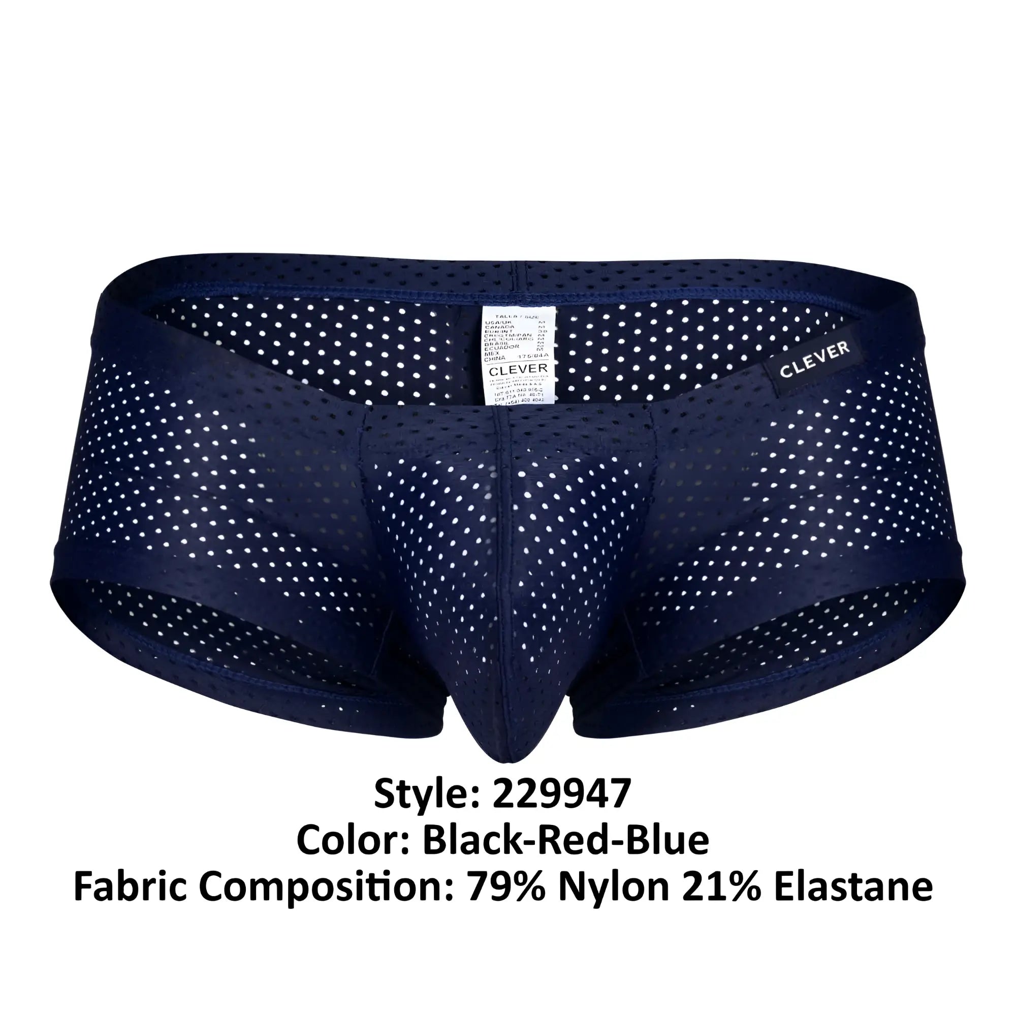 Navy blue mesh briefs with white polka dots and clever brand label from clever 229947 australian latin trunks 3pk