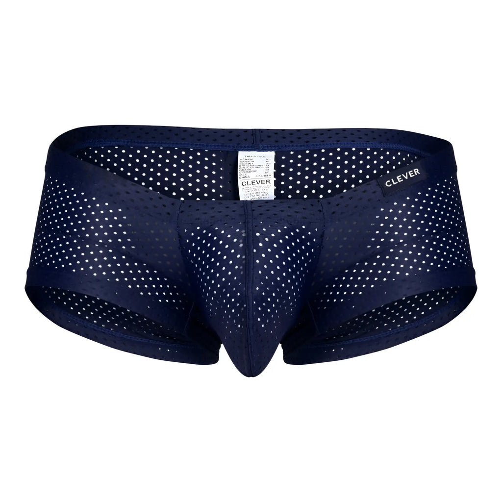 Navy blue perforated mesh men’s underwear with white polka dots and clever brand label from clever 229947 3PK trunks