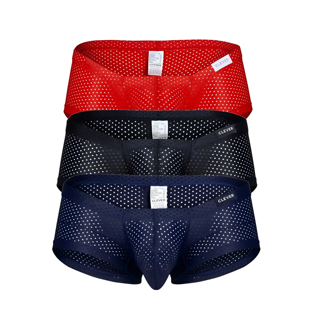 Three pairs of clever breathable mesh briefs in black red and blue with white polka dots for everyday comfort