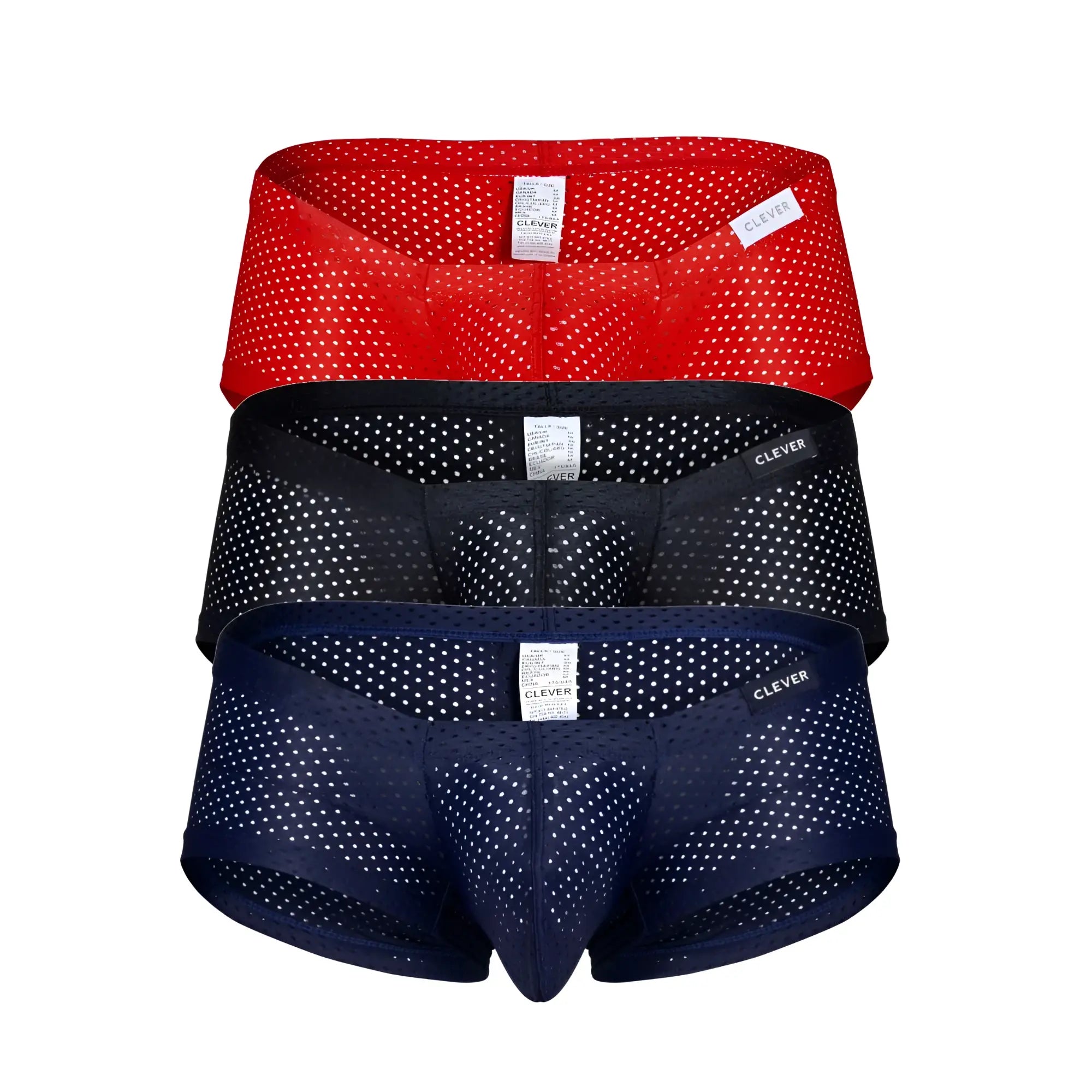 Three pairs of clever breathable mesh briefs in black red and blue with white polka dots for everyday comfort