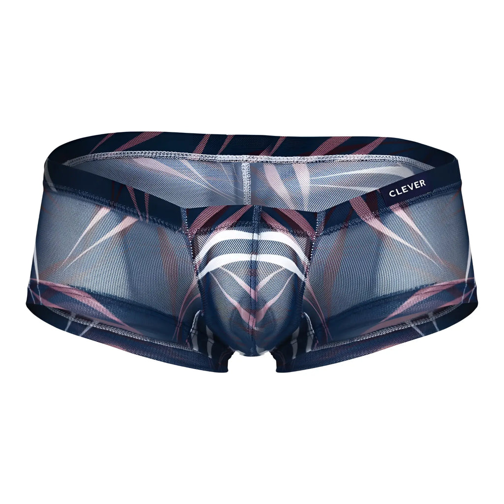 Clever 229948 3pk australian latin trunks in gray green and blue with sheer geometric pattern in navy pink and white
