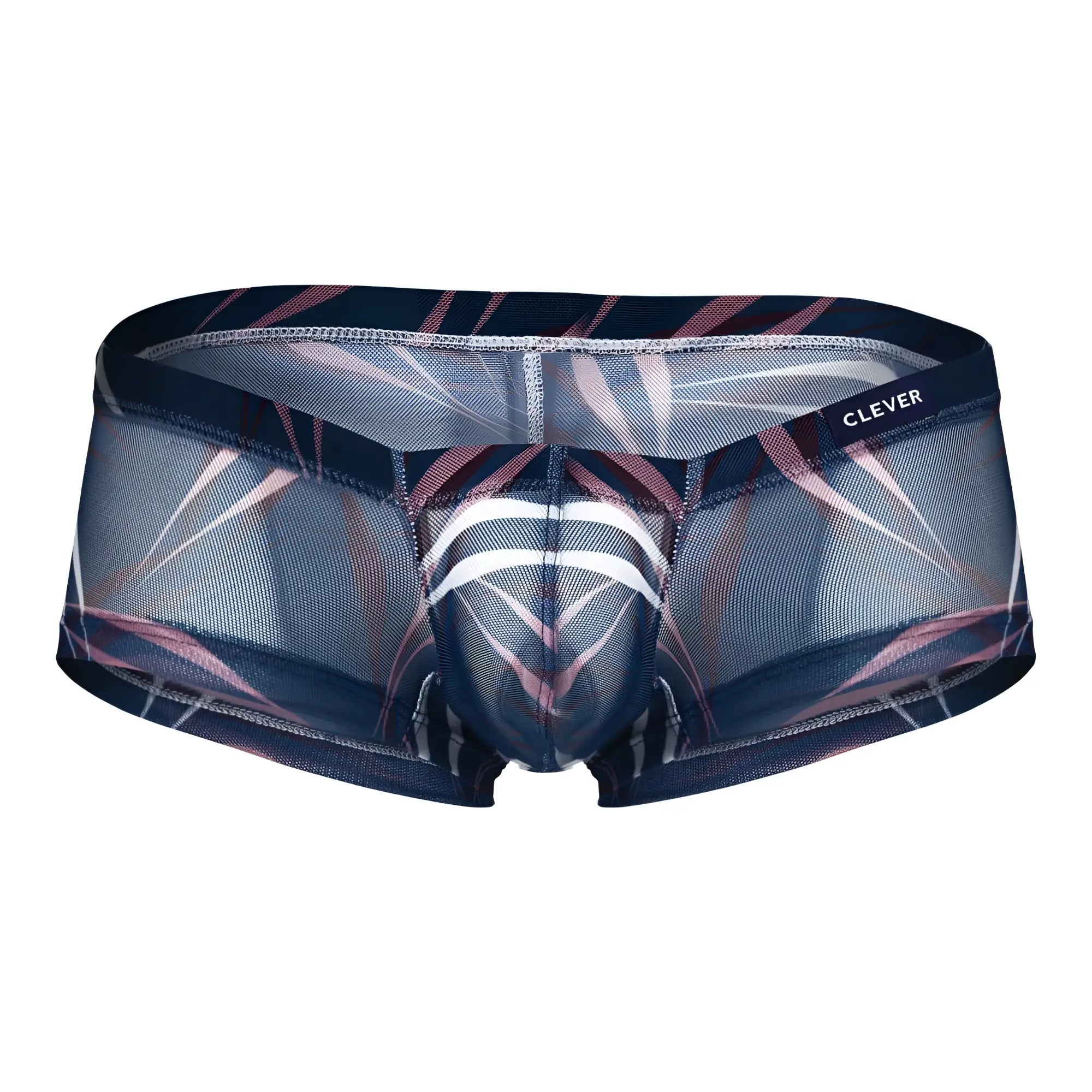 Clever 229948 3pk australian latin trunks in gray green and blue with sheer geometric pattern in navy pink and white