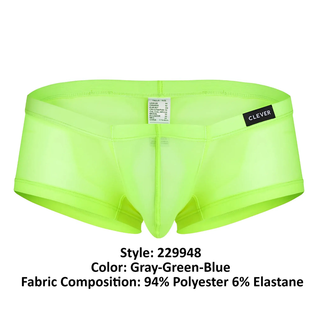 Bright neon green sheer men’s briefs with black clever brand label on waistband from clever 229948 australian latin trunks pack