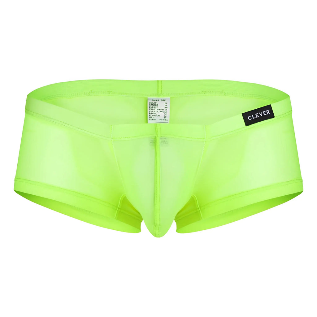Bright neon green sheer men’s briefs with black clever brand label on waistband from clever 3pk australian latin trunks