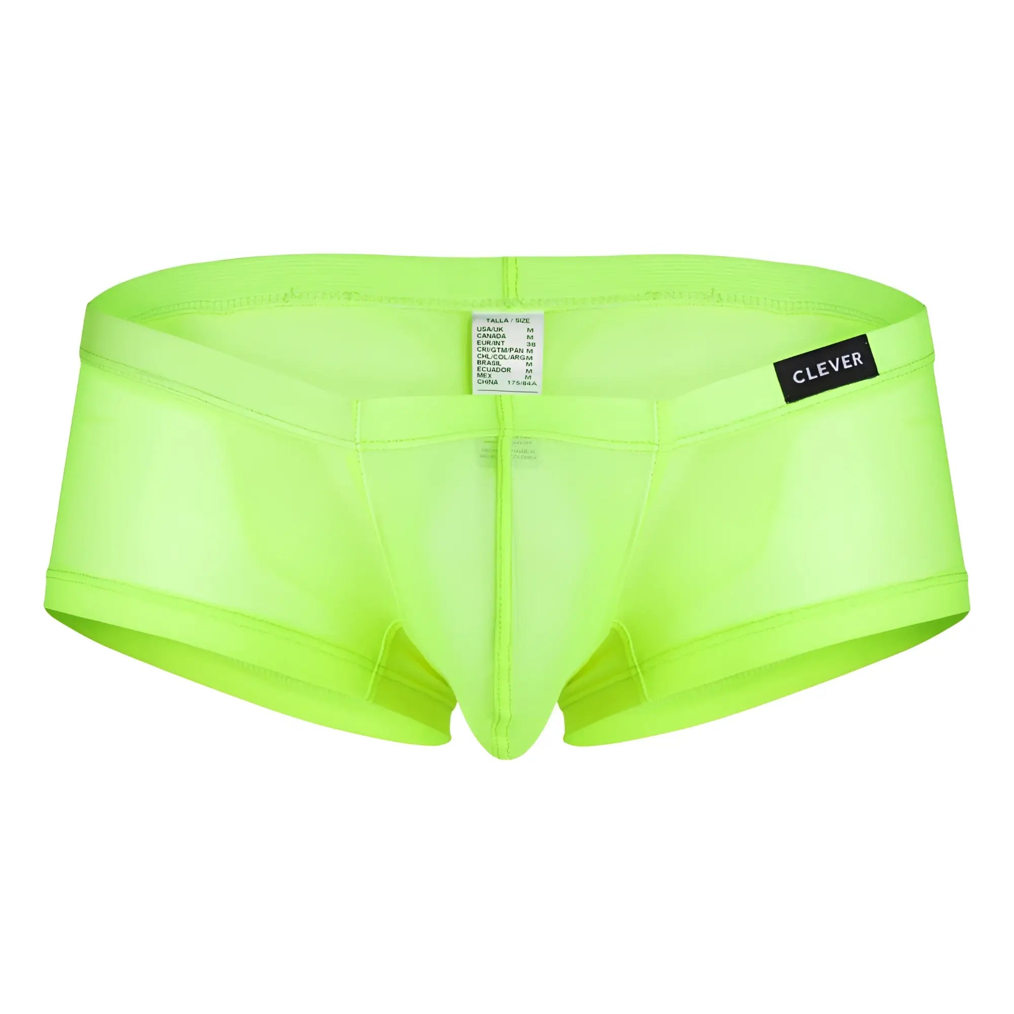 Bright neon green sheer men’s briefs with black clever brand label on waistband from clever 3pk australian latin trunks