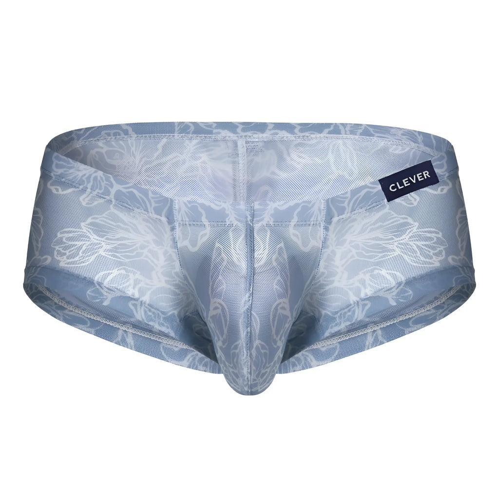 Light blue sheer lace briefs with white floral embroidery and clever brand label from clever 229948 3pk trunks collection