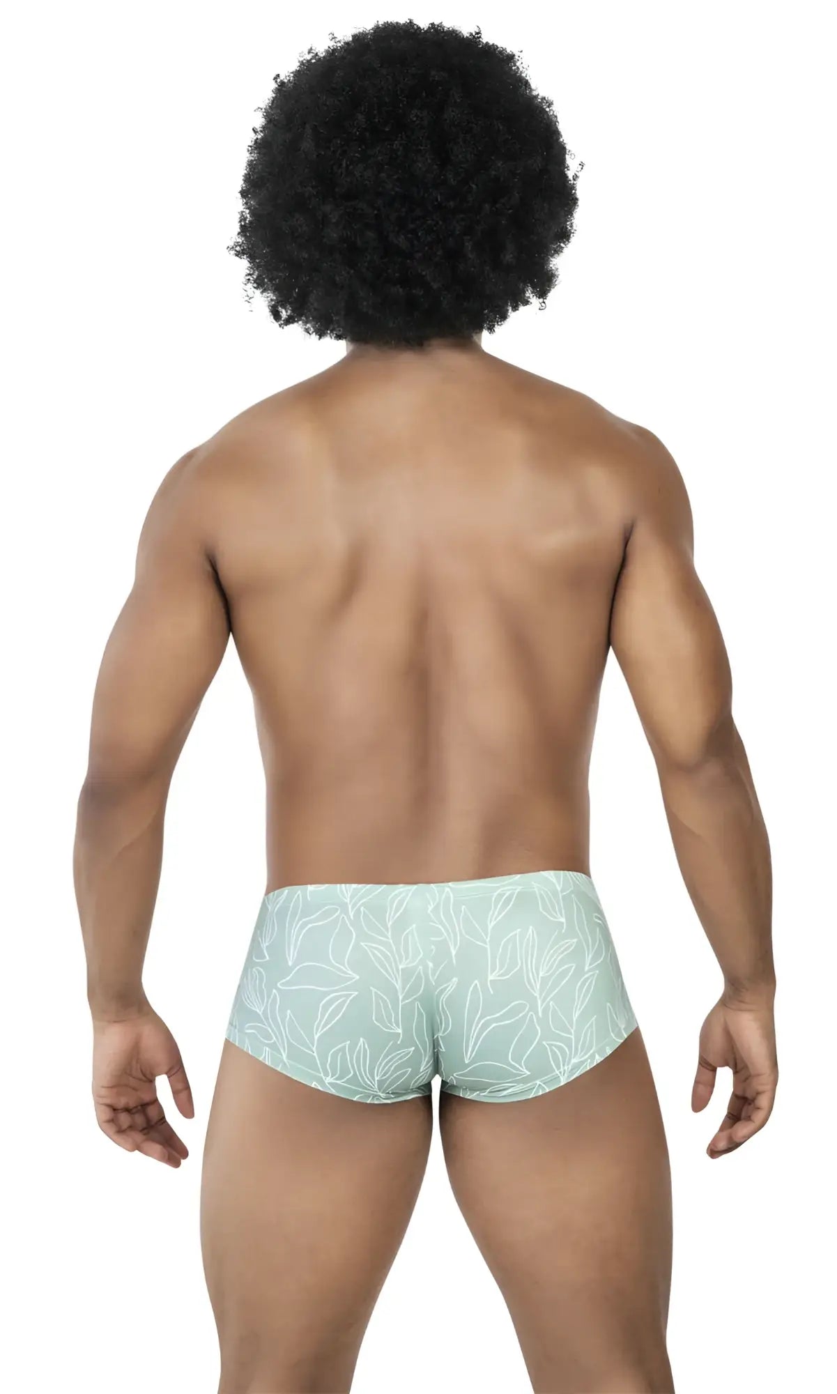 Light blue clever trunks with white leaf pattern part of 3pk australian latin trunks in blue white and green colors