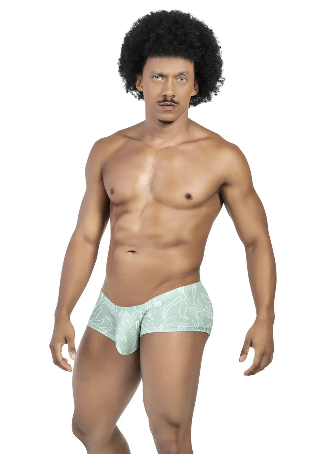 Light green clever australian latin trunks with subtle white leaf pattern part of 3PK pack with blue and white colors