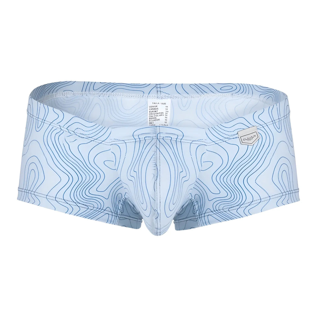 Light blue clever australian latin swim trunks with darker blue topographic map pattern in a 3pk set