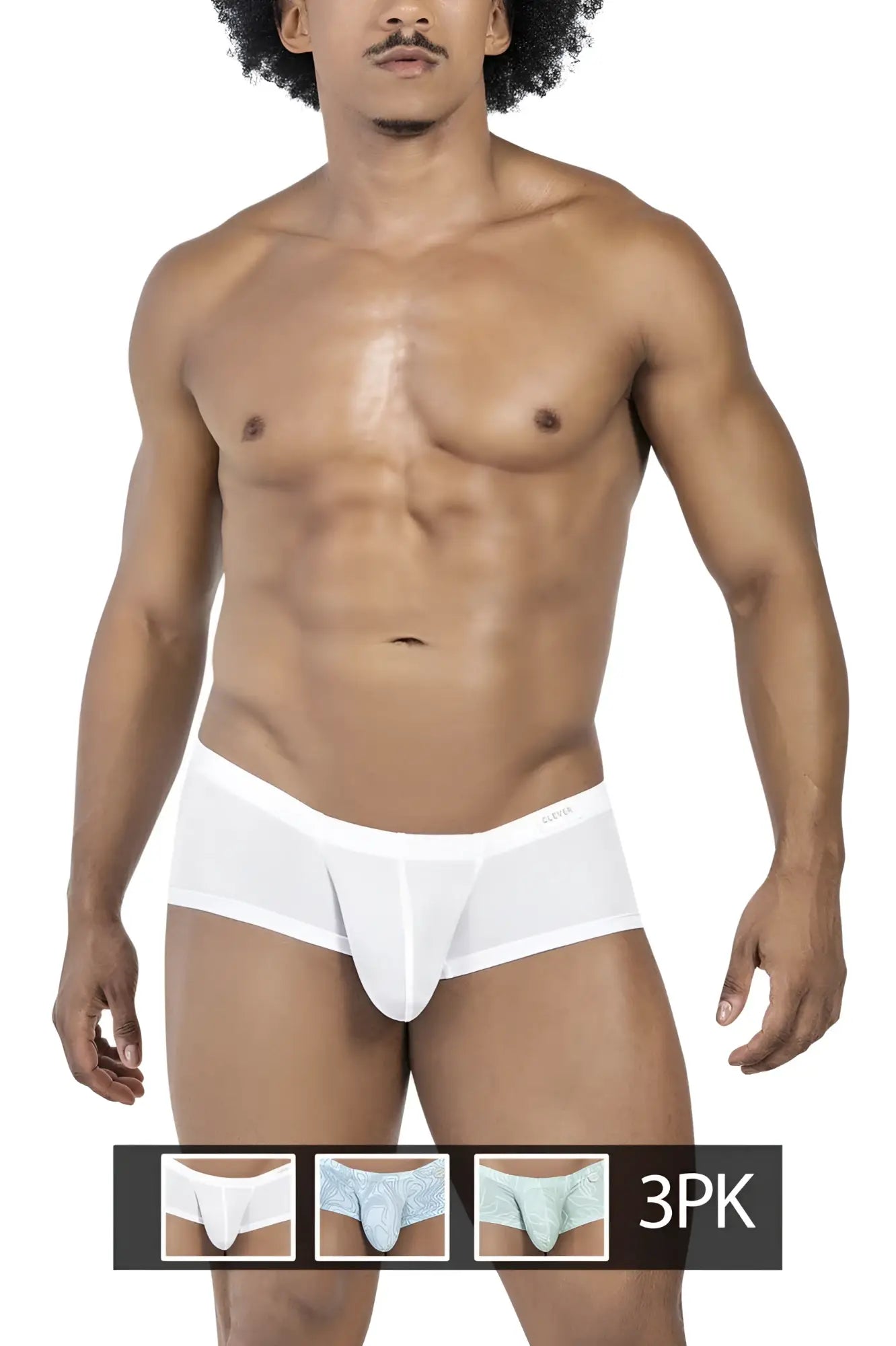 White men’s briefs clever 229951 with smooth form-fitting design blue white and green colors and subtle logo waistband