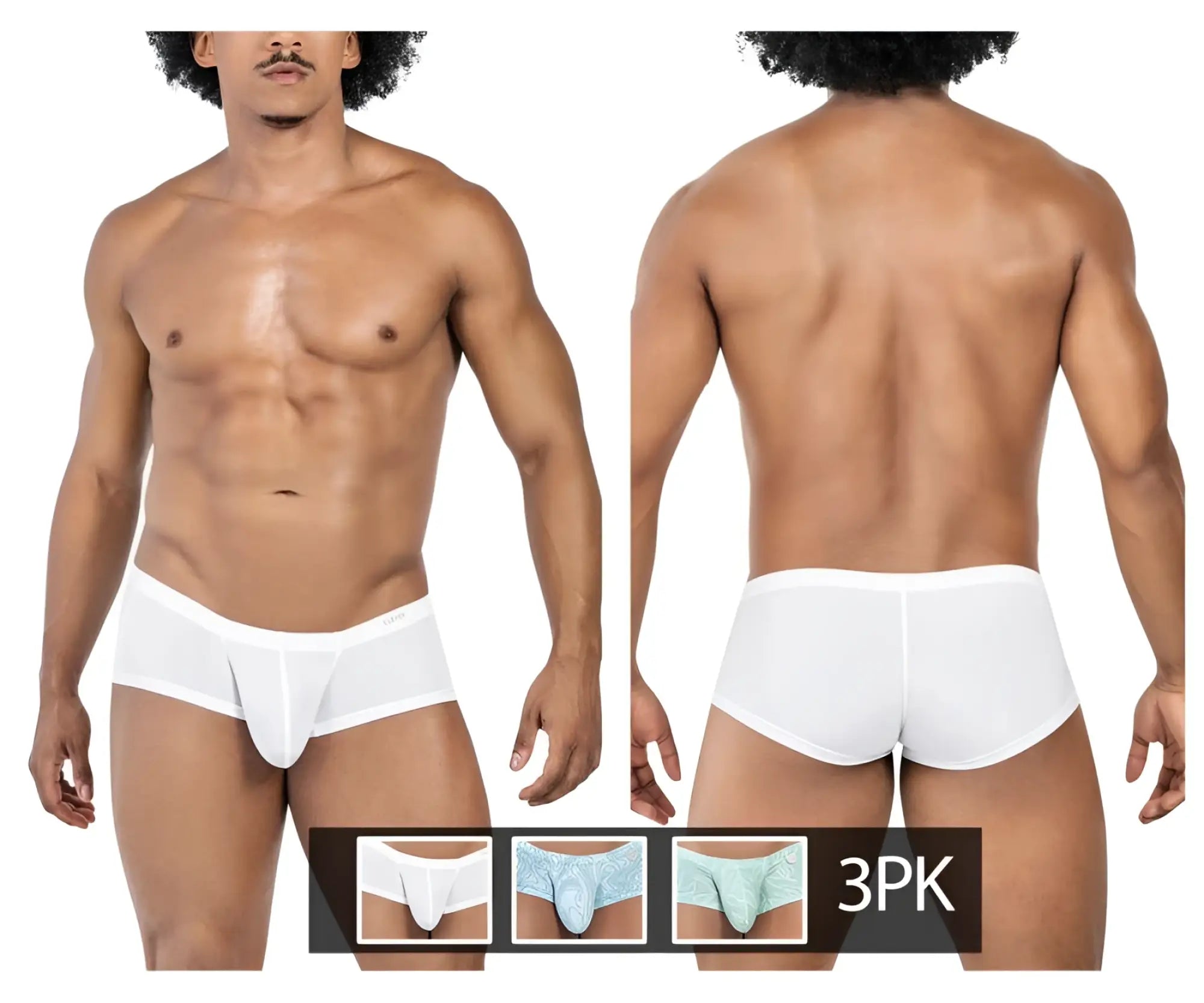 Clever 229951 3pk australian latin trunks in blue white and green with smooth form fitting white briefs and subtle seam detail