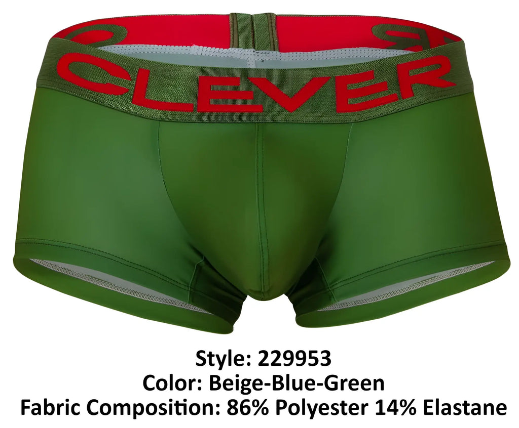Green clever boxer briefs with red and olive green waistband featuring bold red clever branding in australian latin trunks pack