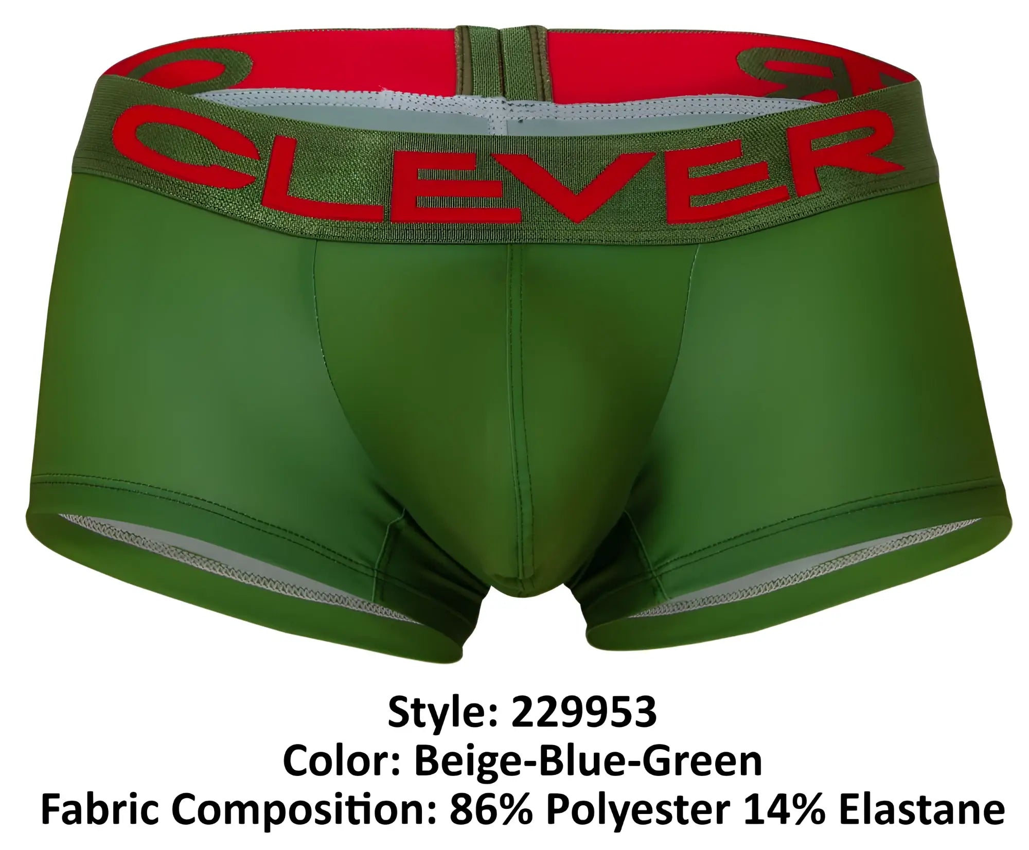 Green clever boxer briefs with red and olive green waistband featuring bold red clever branding in australian latin trunks pack