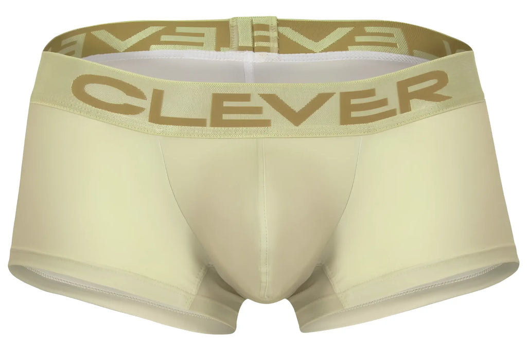 Cream-colored men’s boxer briefs with a gold Clever logo band from Clever 229953 3PK Australian Latin Trunks