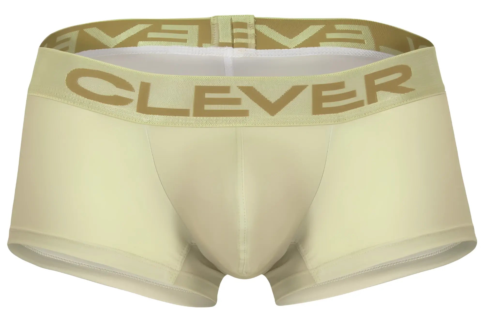 Cream-colored men’s boxer briefs with a gold Clever logo band from Clever 229953 3PK Australian Latin Trunks