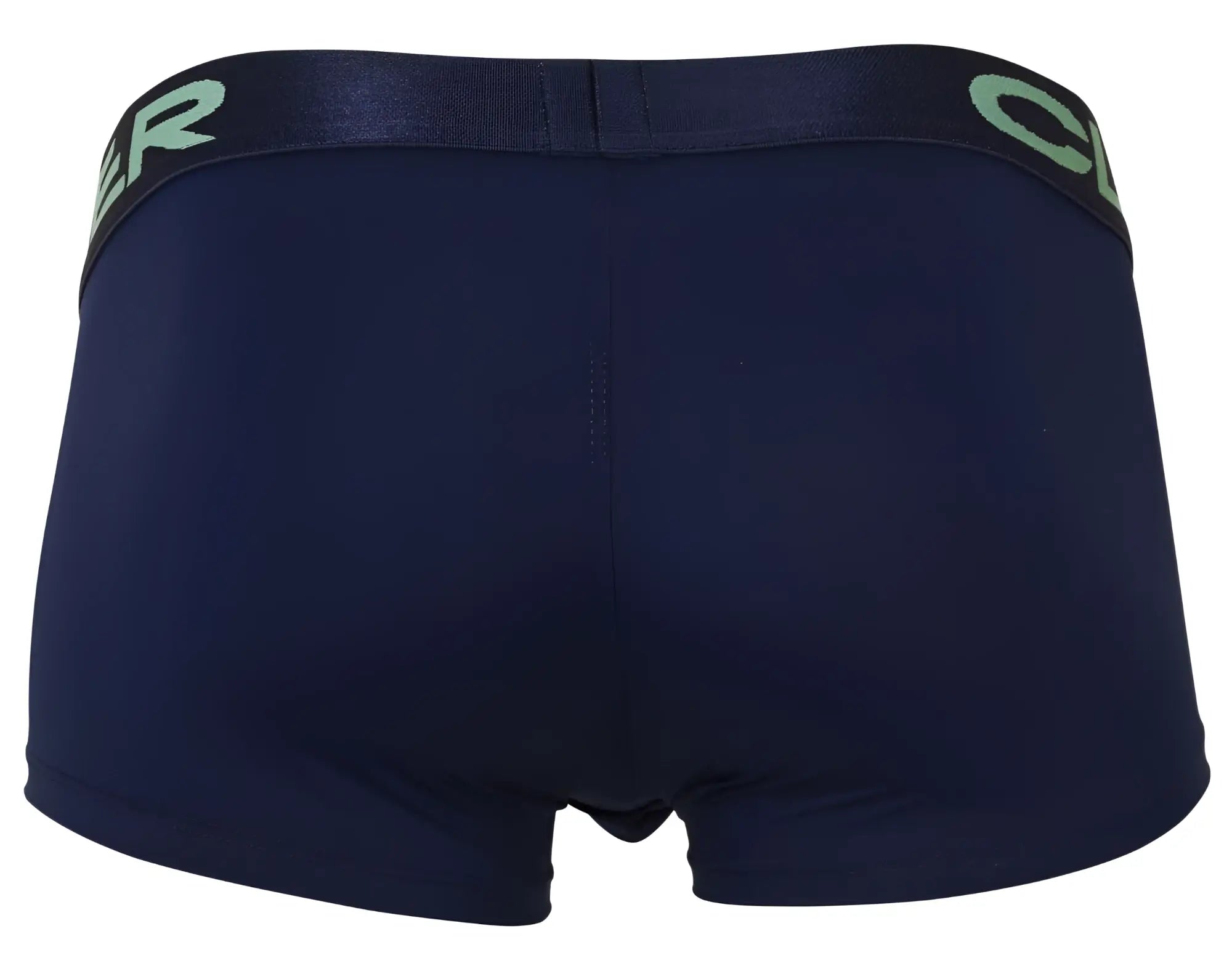 Dark navy boxer briefs with matching elastic waistband featuring light green lettering from clever 229953 3pk australian latin trunks set