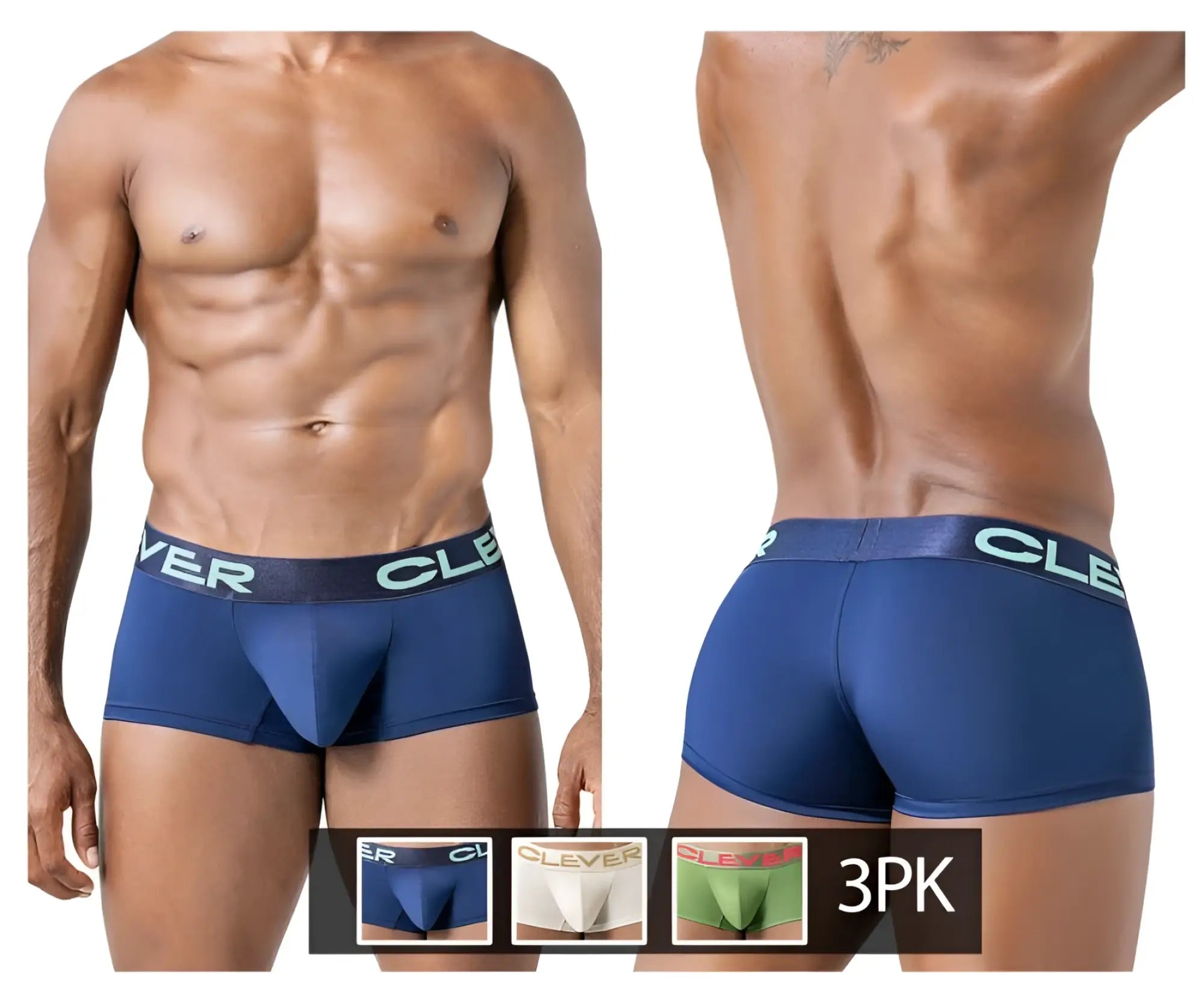 Blue men’s boxer briefs with a contrasting light green clever waistband from clever 229953 3pk australian latin trunks