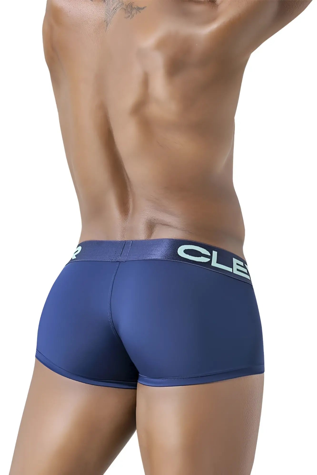 Navy blue athletic briefs with light gray elastic waistband featuring cle logo from clever 229953 3pk australian latin trunks