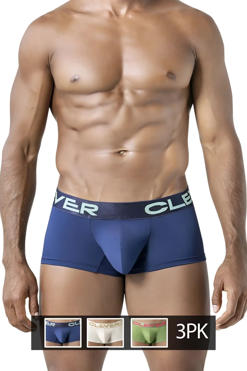 Navy blue clever boxer briefs with dark gray waistband featuring white brand lettering from australian latin trunks 3pk