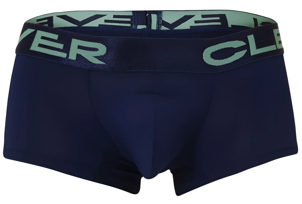 Navy blue clever boxer briefs with light green elastic waistband featuring bold clever branding in the australian latin trunks 3pk