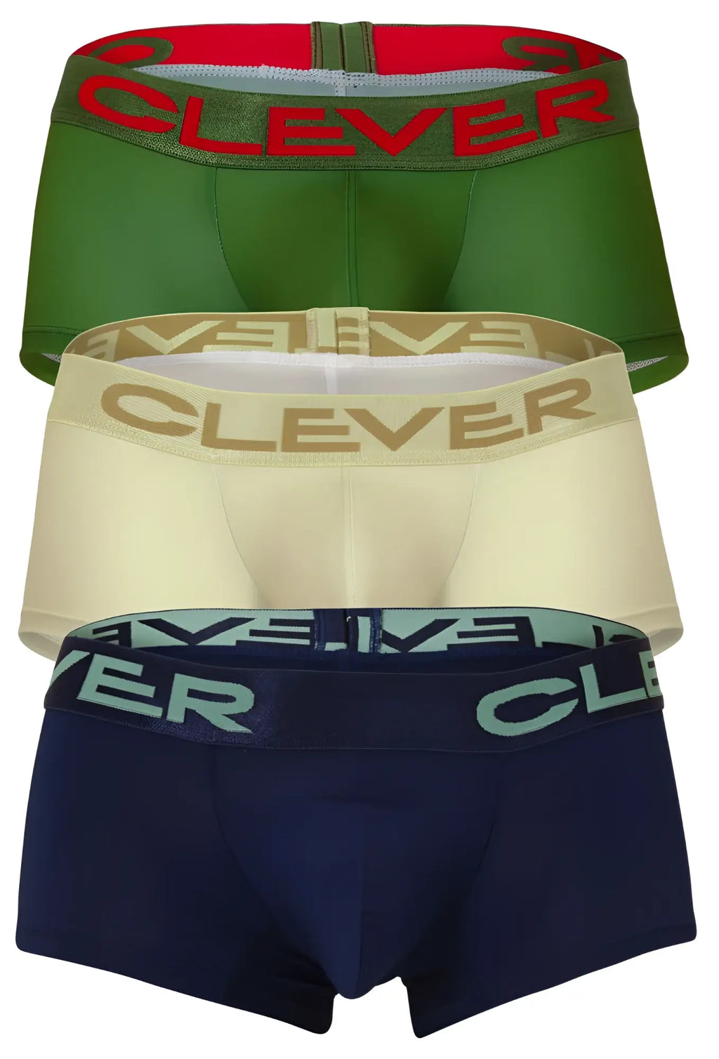 Three pairs of clever australian latin trunks in beige blue and green with matching elastic waistbands and clever logo