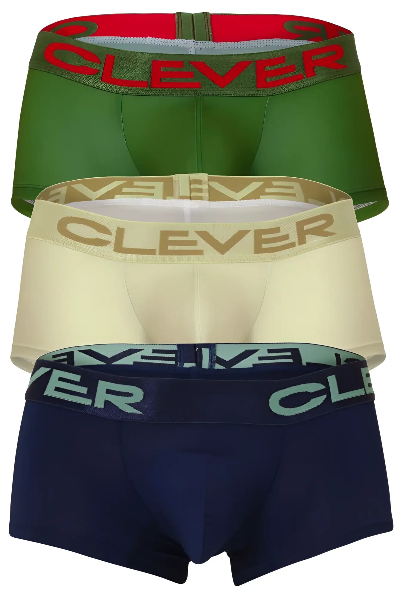 Three pairs of clever australian latin trunks in beige blue and green with matching elastic waistbands and clever logo