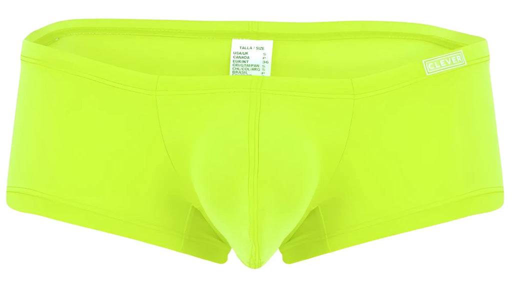Bright neon green clever men’s briefs with smooth stretchy fabric and small brand label on waistband in multi-colored pack
