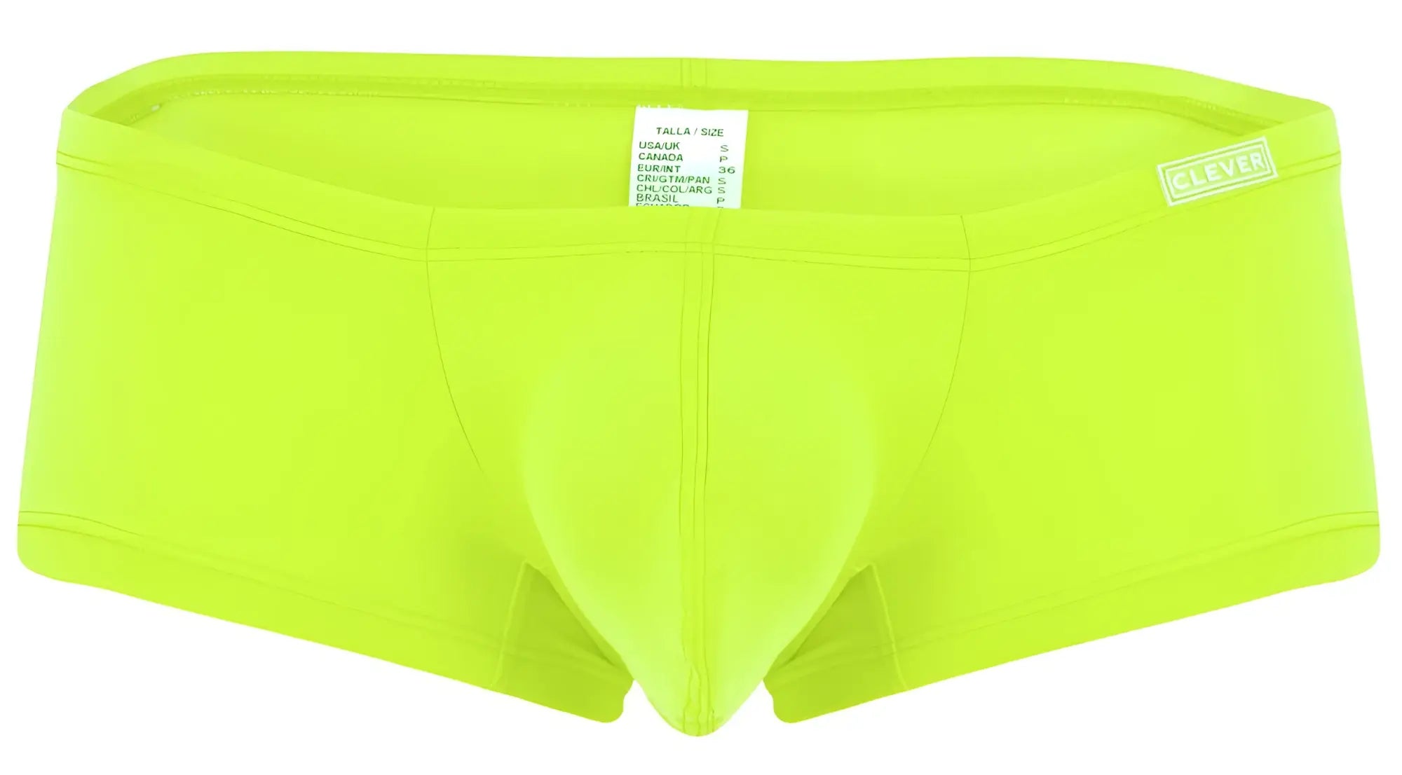 Bright neon green clever men’s briefs with smooth stretchy fabric and small brand label on waistband in multi-colored pack