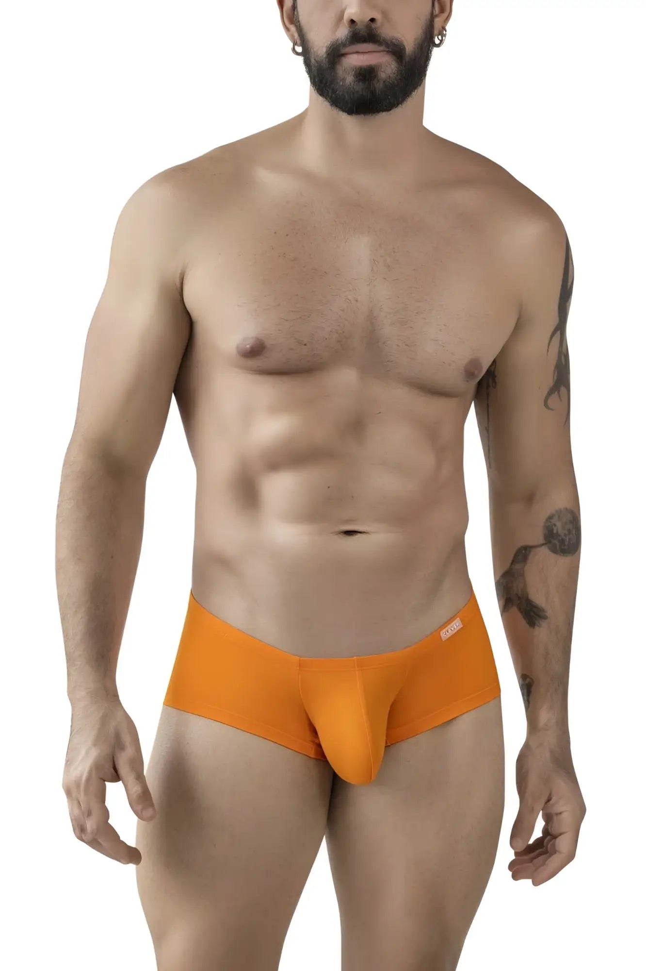 Bright orange form-fitting men’s briefs with smooth fabric and a small Clever logo on the waistband in multi-colored Latin trunks pack
