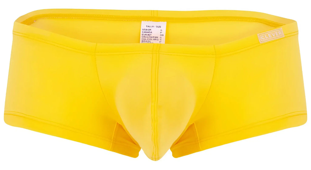 Bright yellow men’s briefs with supportive molded pouch and small clever brand label on waistband from clever 229956 12pk australian latin trunks