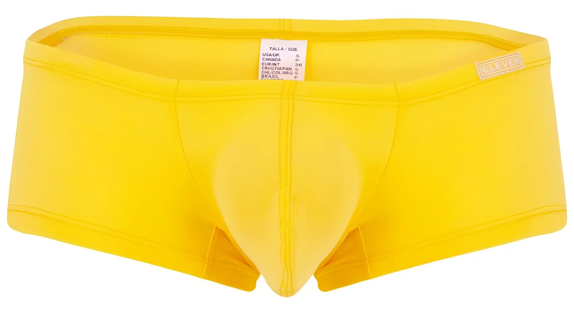 Bright yellow men’s briefs with supportive molded pouch and small clever brand label on waistband from clever 229956 12pk australian latin trunks