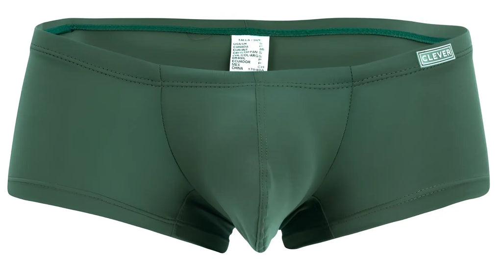 Dark green form-fitting swim trunks with subtle seam design and clever logo on waistband from clever 229956 12pk