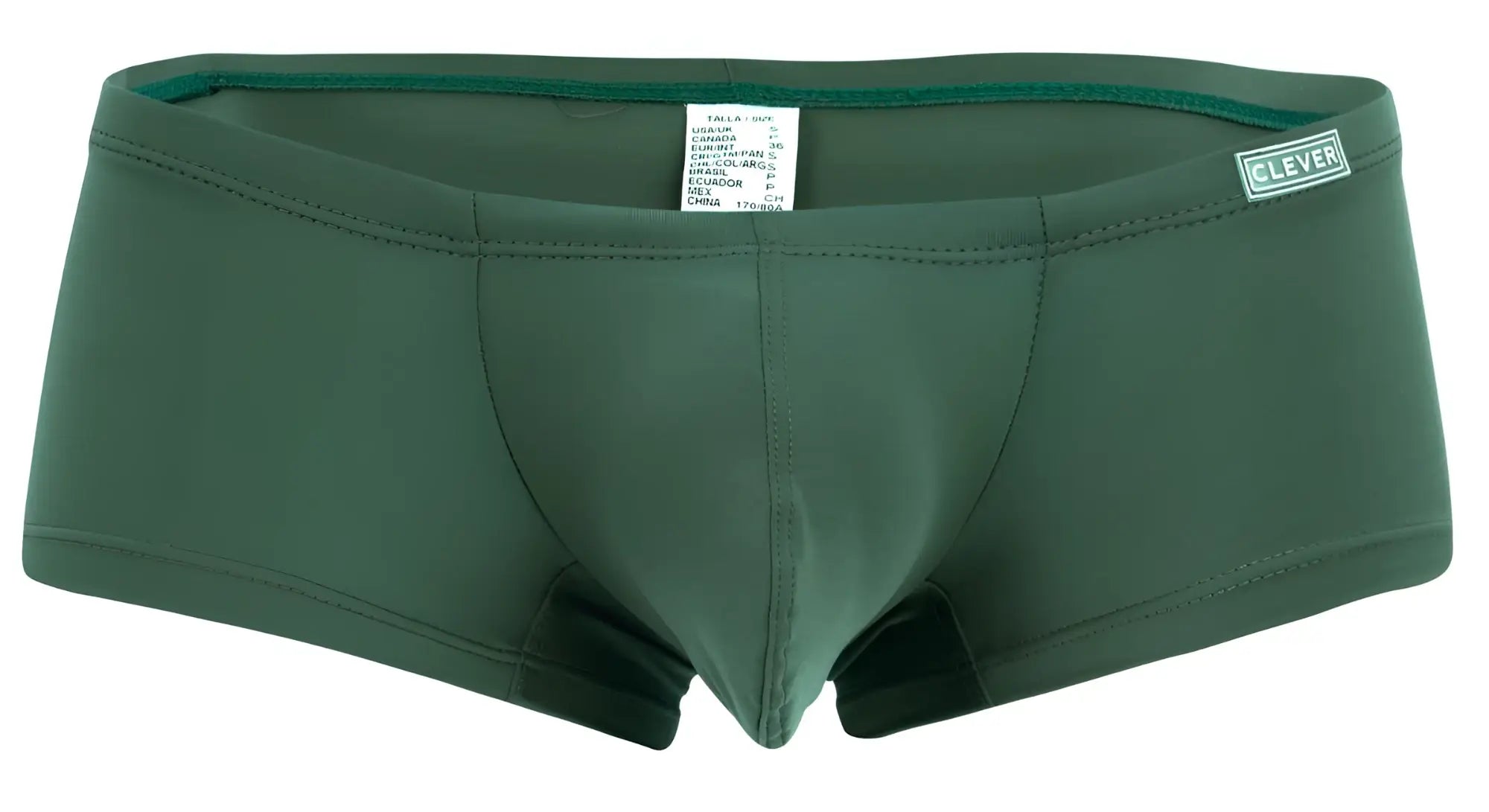 Dark green form-fitting swim trunks with subtle seam design and clever logo on waistband from clever 229956 12pk