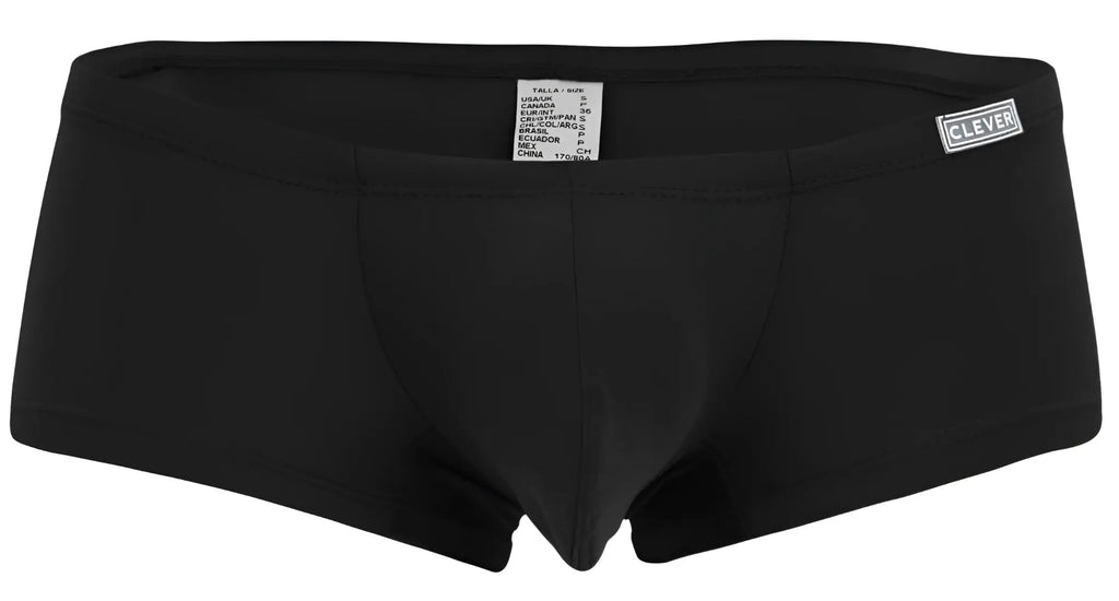 Black men’s briefs with clever brand label on waistband in multi-colored australian latin trunks set