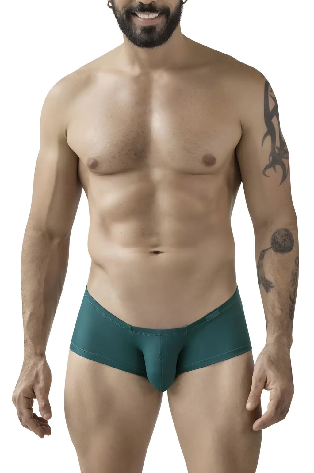 Teal form-fitting men’s briefs with smooth stretchy fabric and subtle brand tag from clever 229957 12pk trunks