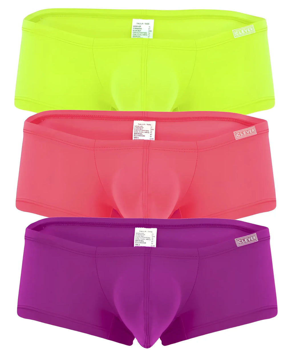 Three pairs of clever 229958 australian Latin trunks in neon lime green coral pink and purple with elastic waistbands
