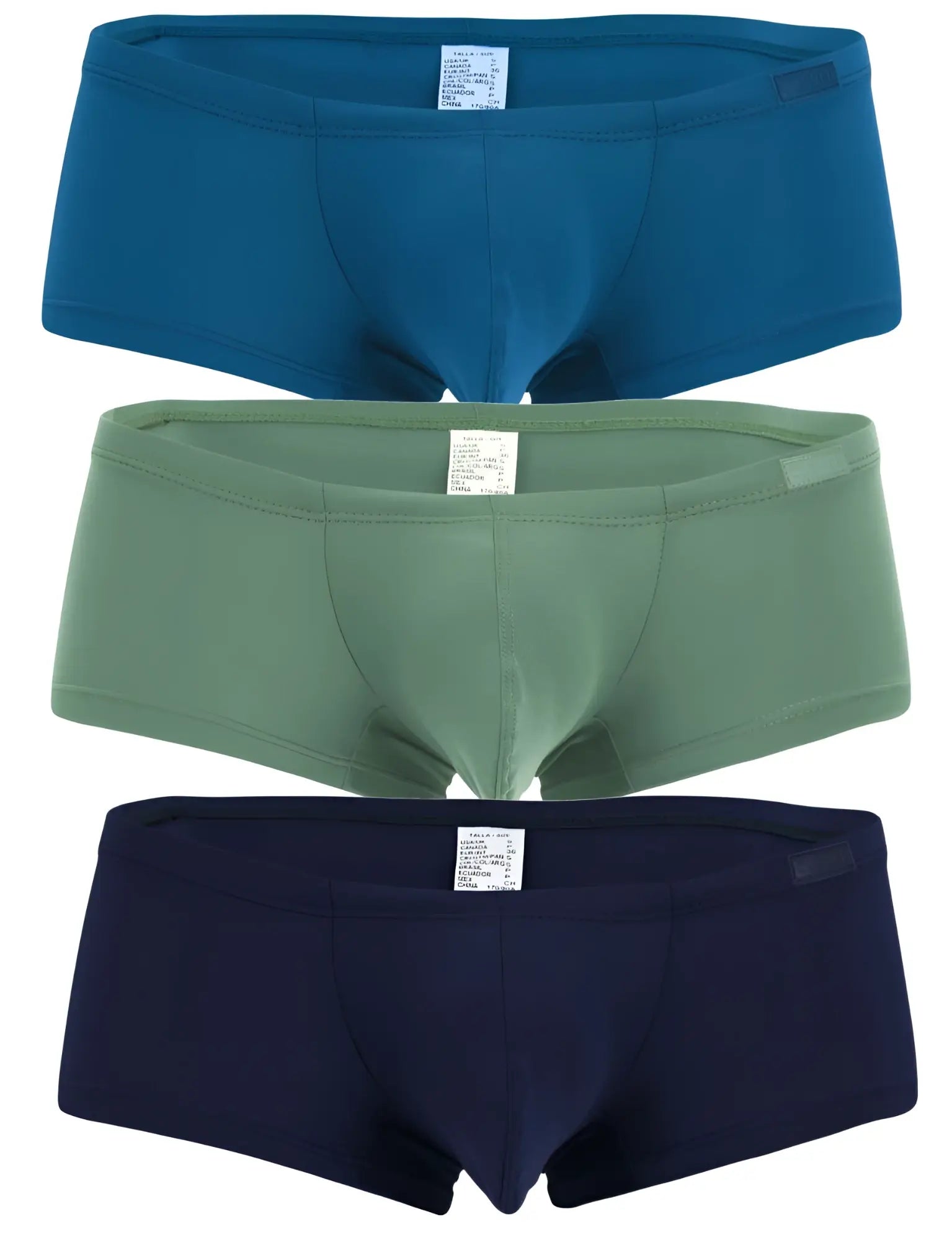 Three pairs of clever Australian Latin trunks in solid blue olive green and navy blue for comfortable everyday wear