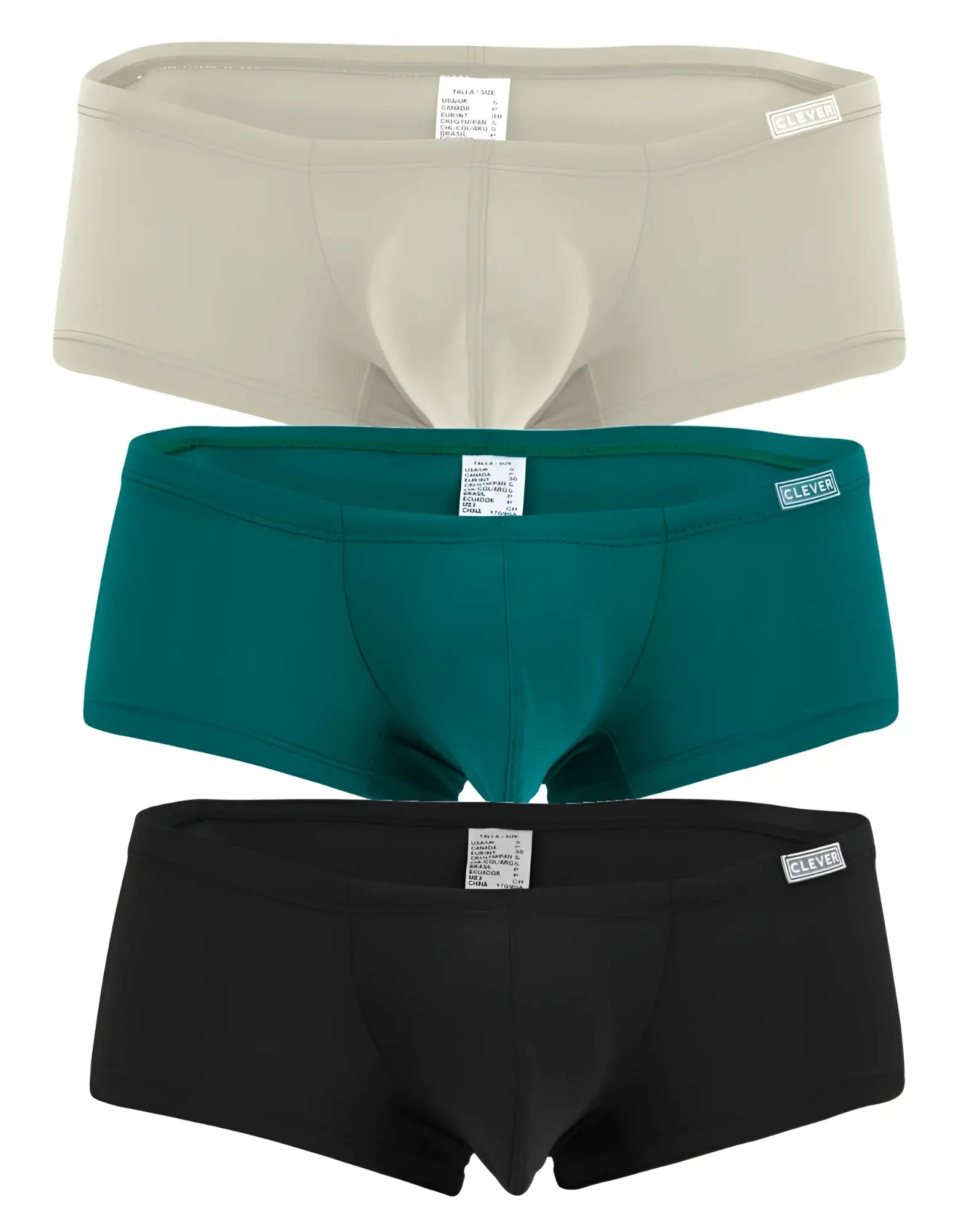 Three pairs of clever brand men’s briefs in beige teal and black australian latin trunks for comfortable everyday wear