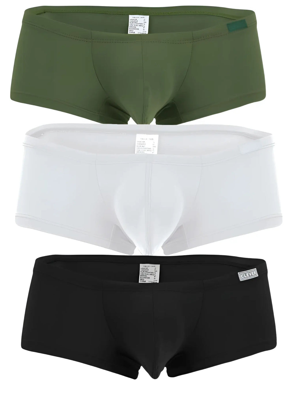 Three pairs of clever australian latin trunks in olive green white and black featuring a multi-colored design