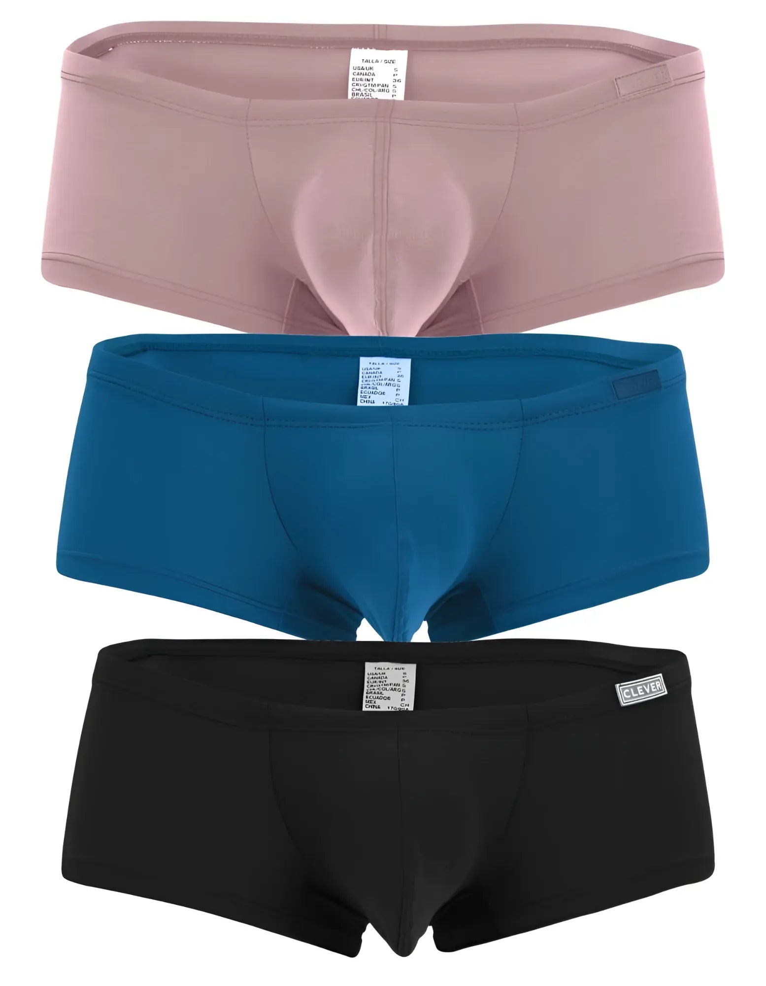 Three pairs of clever 229965 australian latin trunks in pink blue and black with smooth fabric and contoured design
