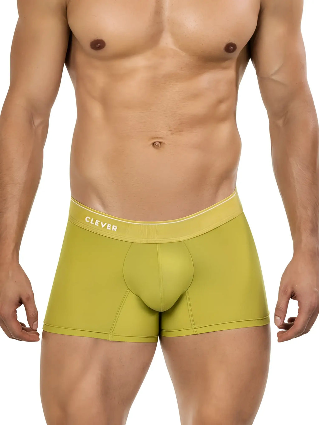 Clever 26008 Atenea green boxer briefs on a fit man, featuring a branded elastic waistband and contoured pouch.