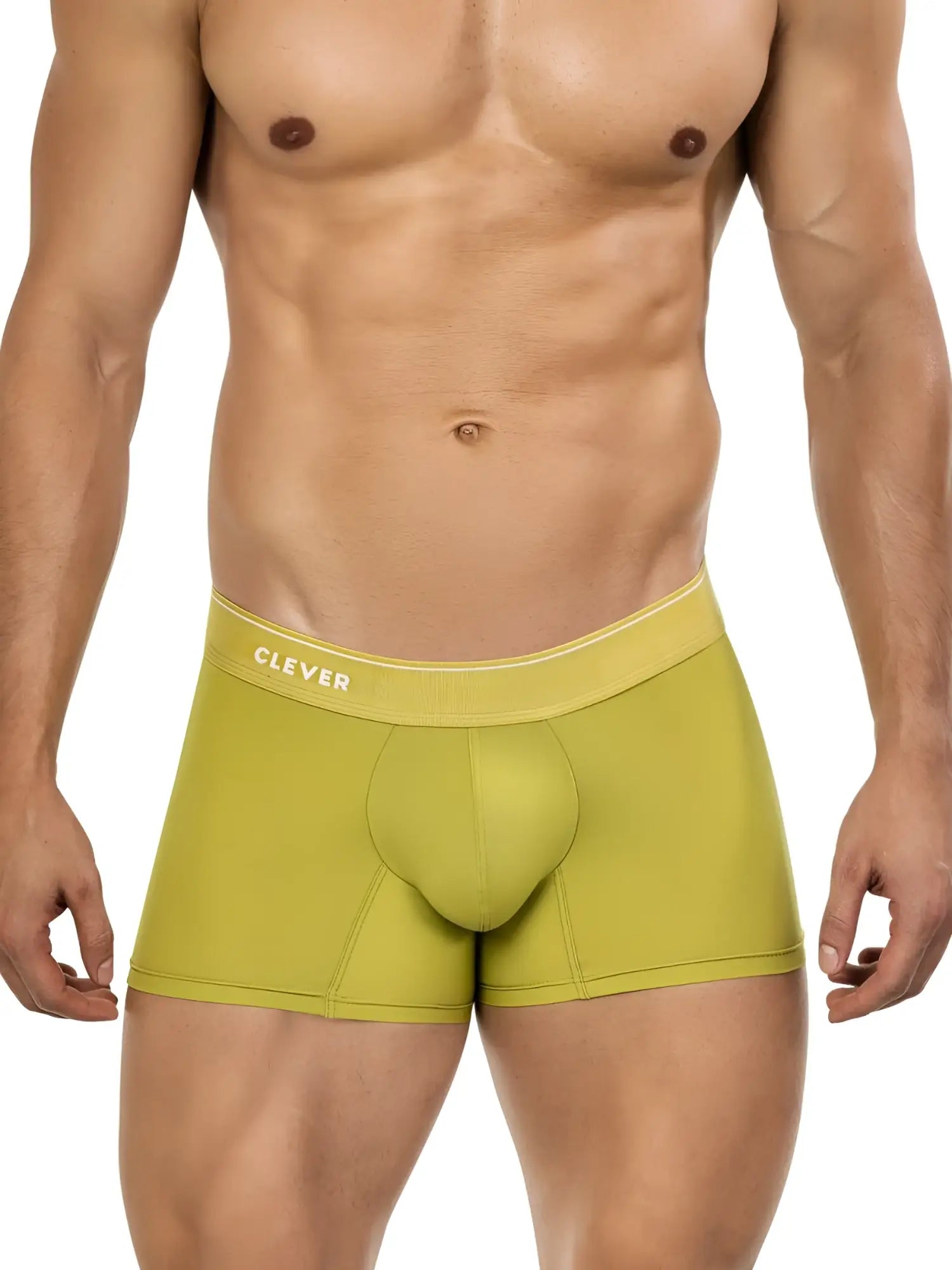 Clever 26008 Atenea green boxer briefs on a fit man, featuring a branded elastic waistband and contoured pouch.