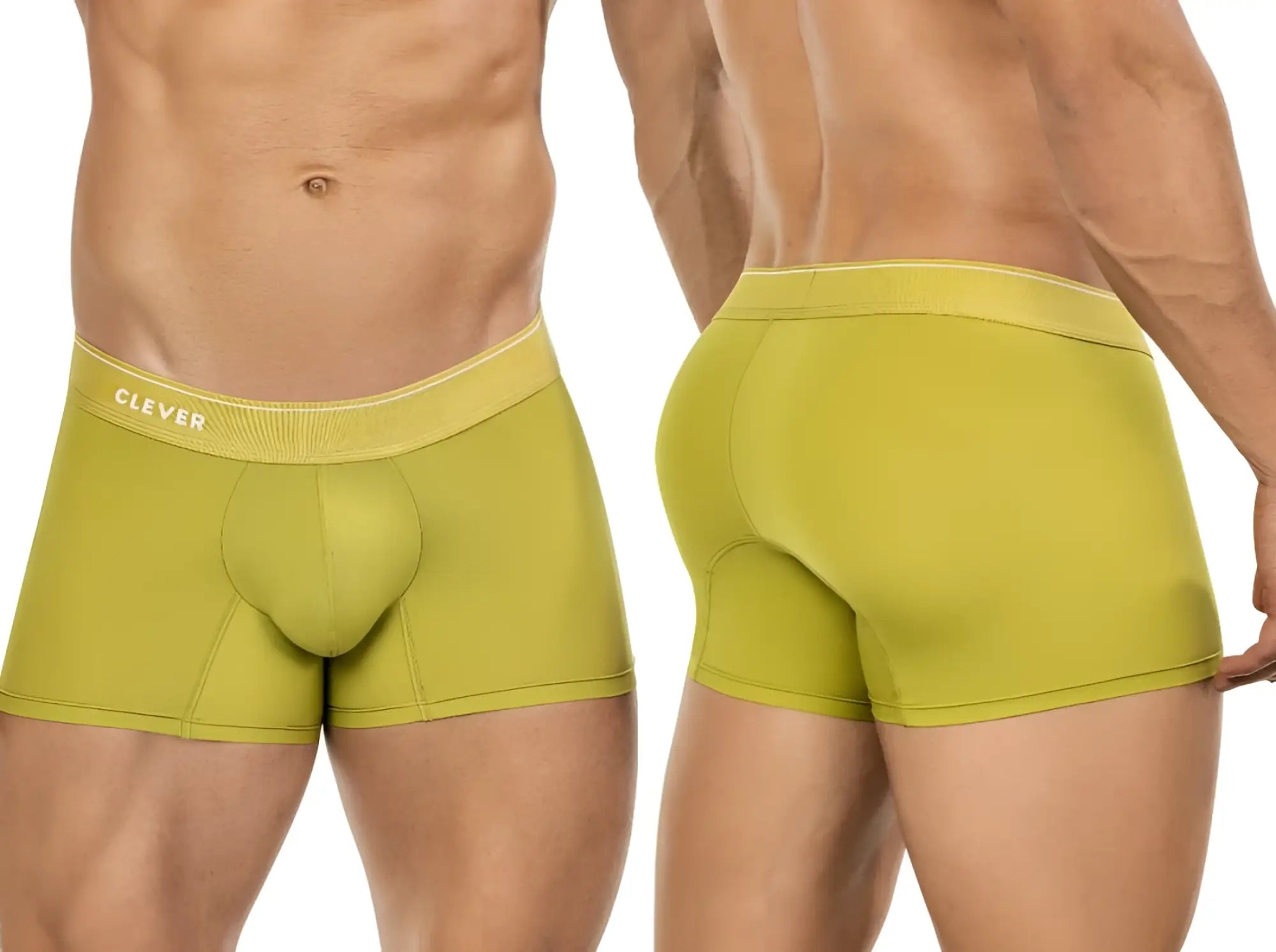 Clever 26008 Atenea green boxer briefs shown from front and back views on a male model.